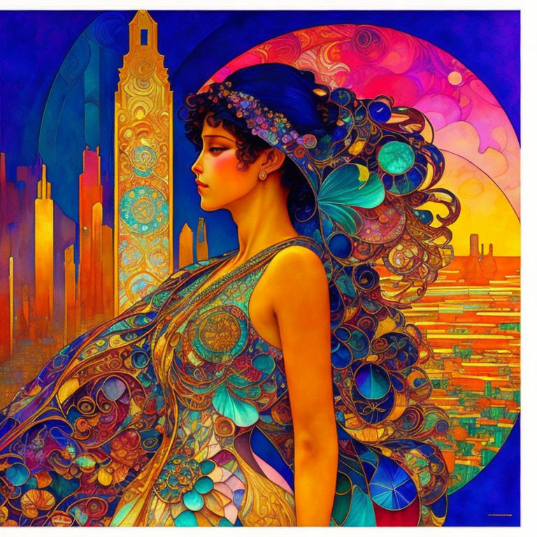 Colorful Artwork of Stylized Woman in Fantasy Cityscape