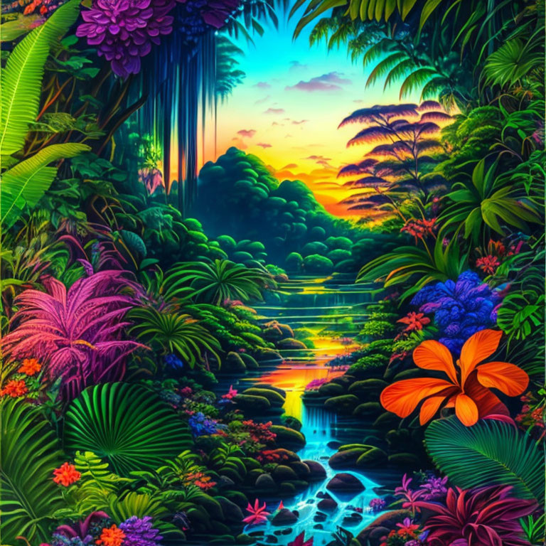 Lush Jungle Scene with Waterfall, Sunset, and River