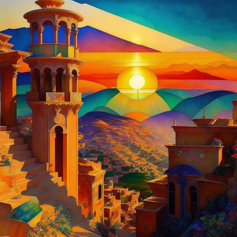 Colorful surreal painting: sun setting over geometric landscape