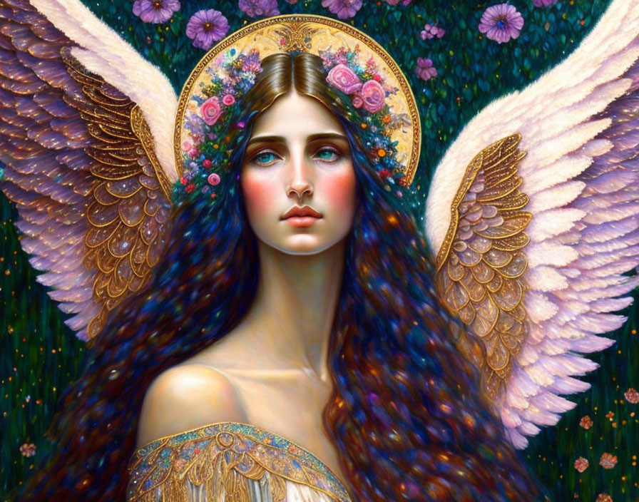 Fantasy illustration of a woman with angel wings and halo in floral setting