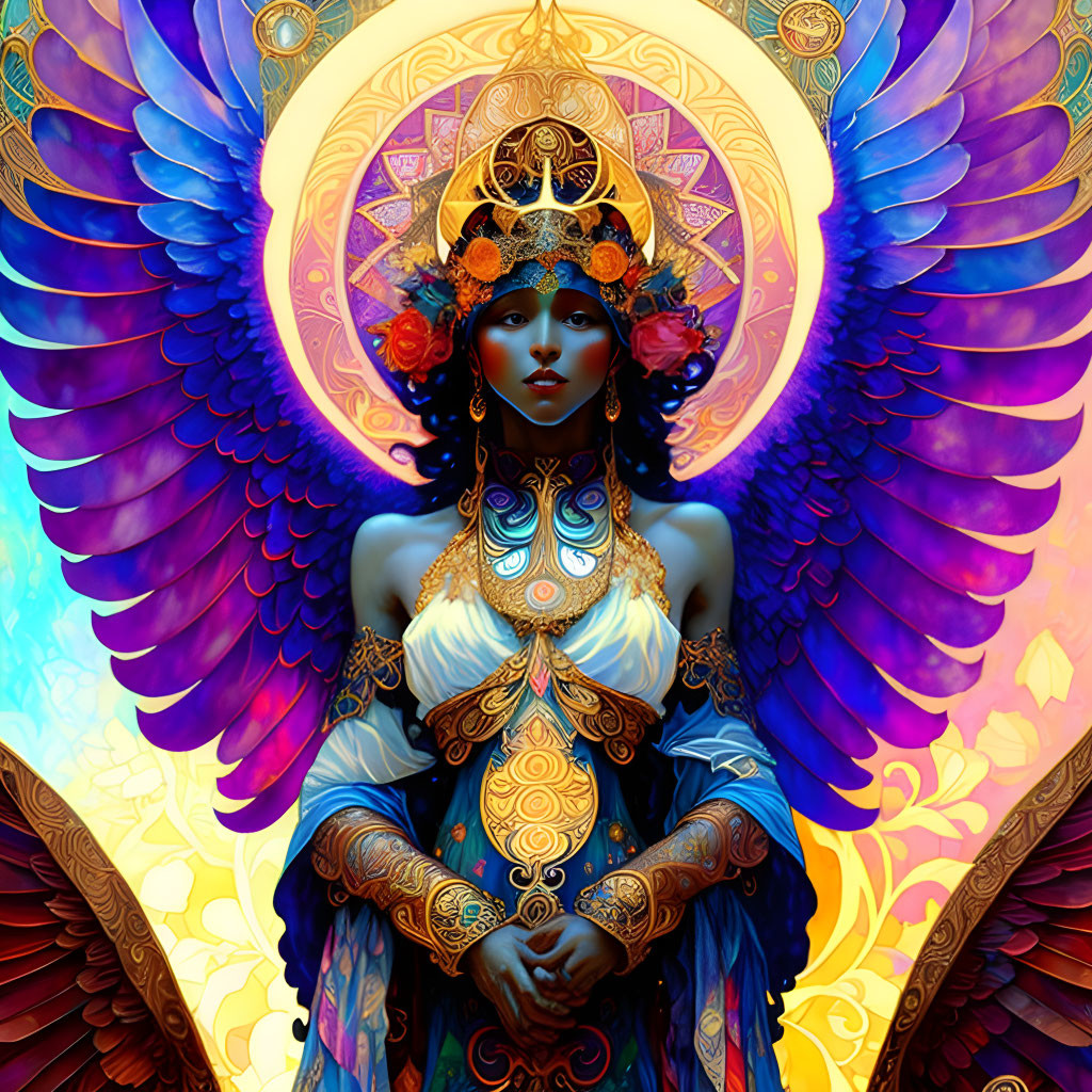 Colorful Female Figure with Ornate Attire and Wings on Elaborate Background