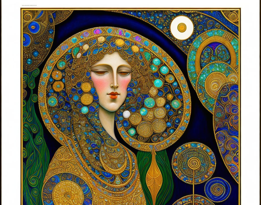 Woman's profile with gold and blue Art Nouveau motifs and moon