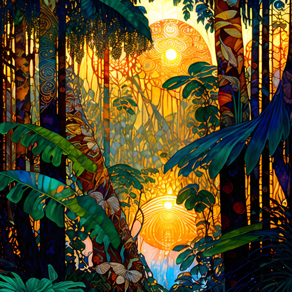 Vibrant jungle illustration with lush foliage and dual sunsets