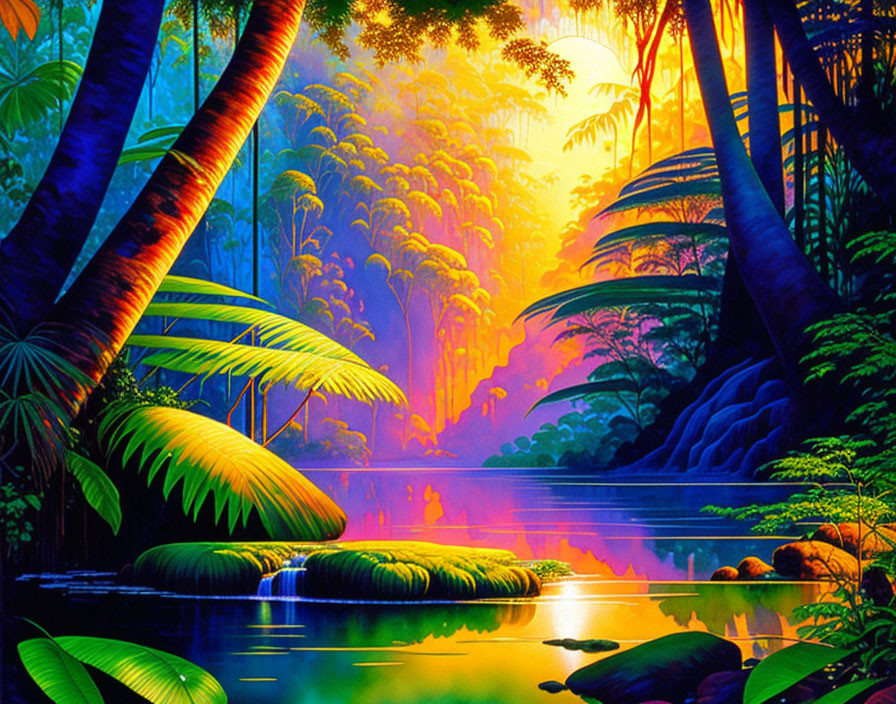 Lush Green Tropical Forest with Blue River and Colorful Sunrise