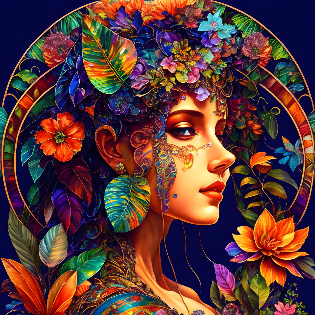 Colorful digital artwork featuring a woman with floral and jewelry elements