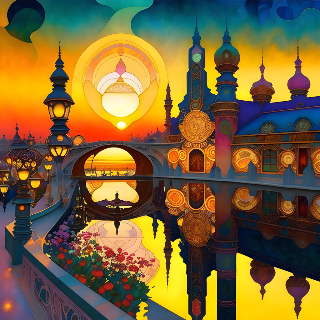 Colorful Oriental Cityscape at Sunset with Ornate Buildings and Reflective Waterway