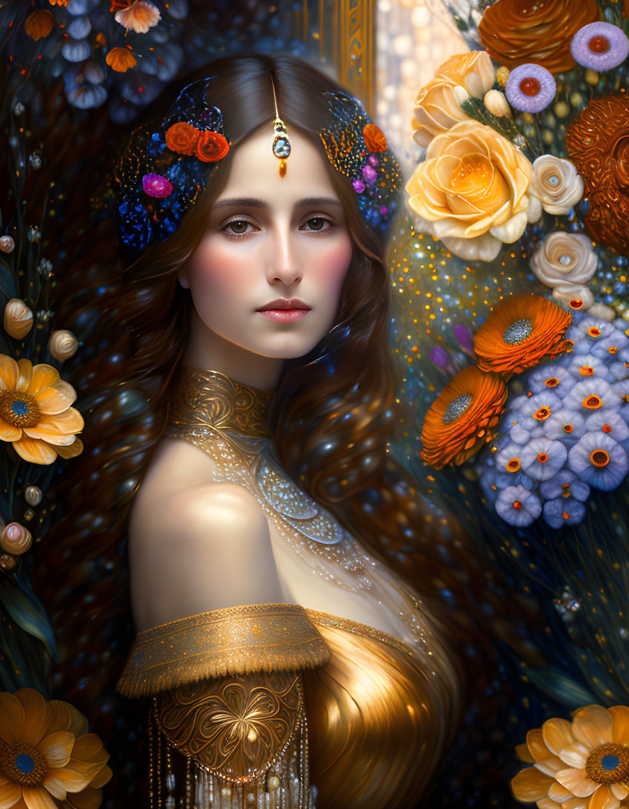 Ethereal woman with ornate jewelry and floral headdress among vibrant flowers