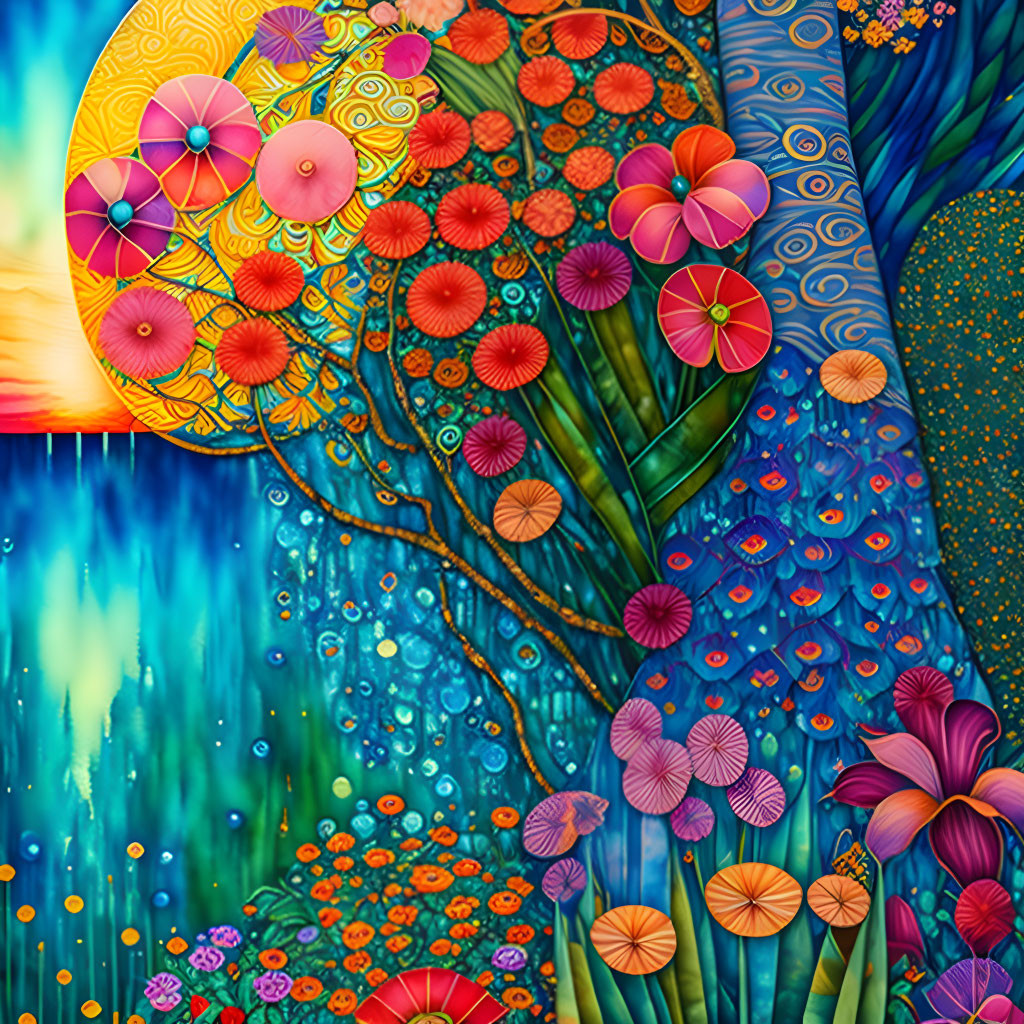 Colorful painting of flowers, trees, and waterfall in detailed style