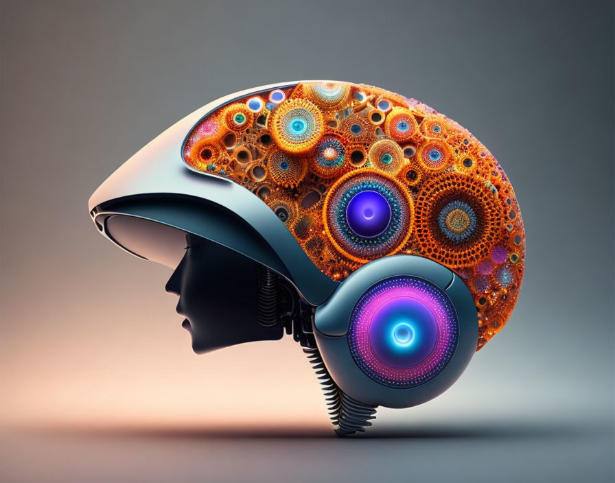 Colorful futuristic brain helmet on human head profile