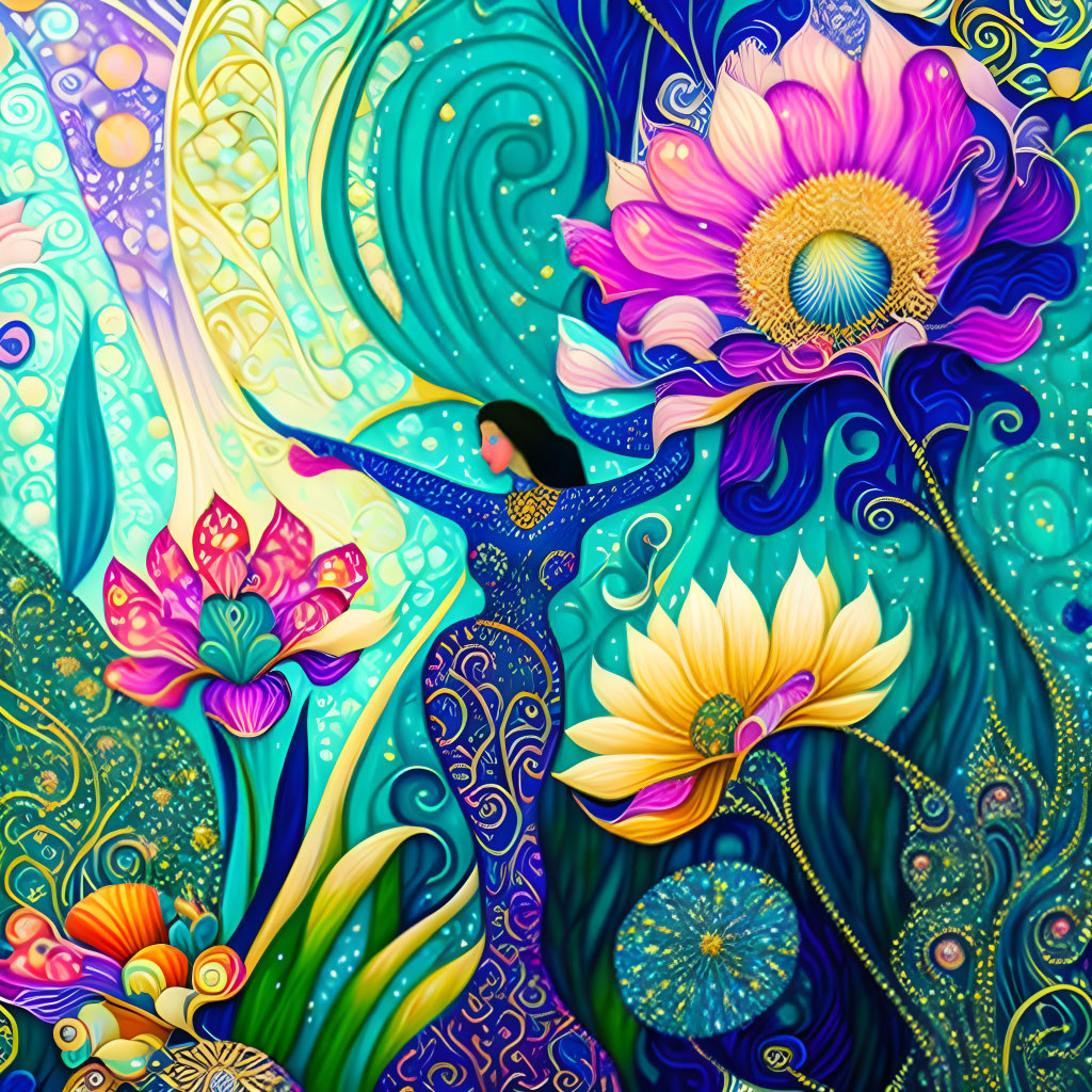 Colorful Nature Scene with Female Figure and Ornate Flowers