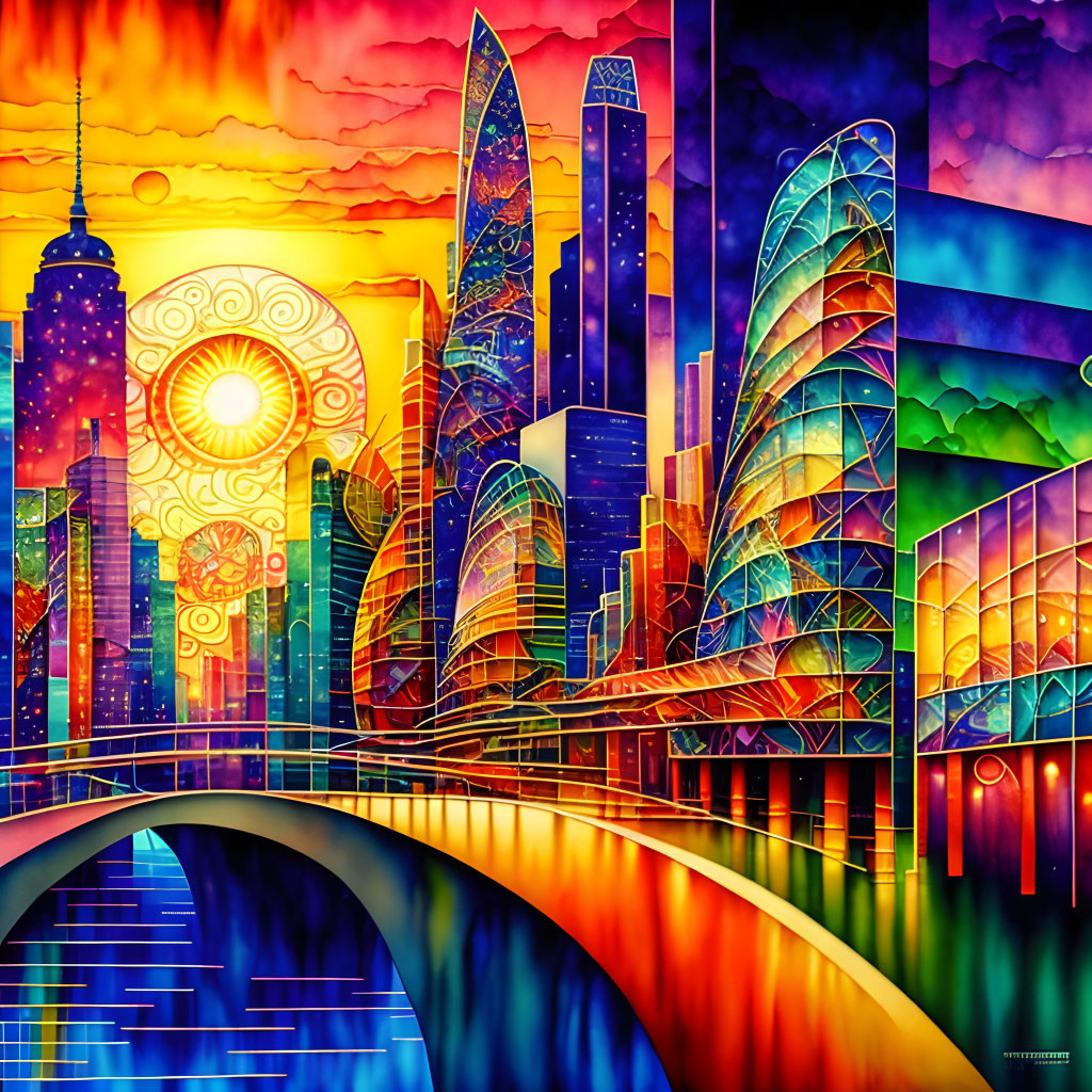 Colorful cityscape artwork with bridge, skyscrapers, and sunset sky.