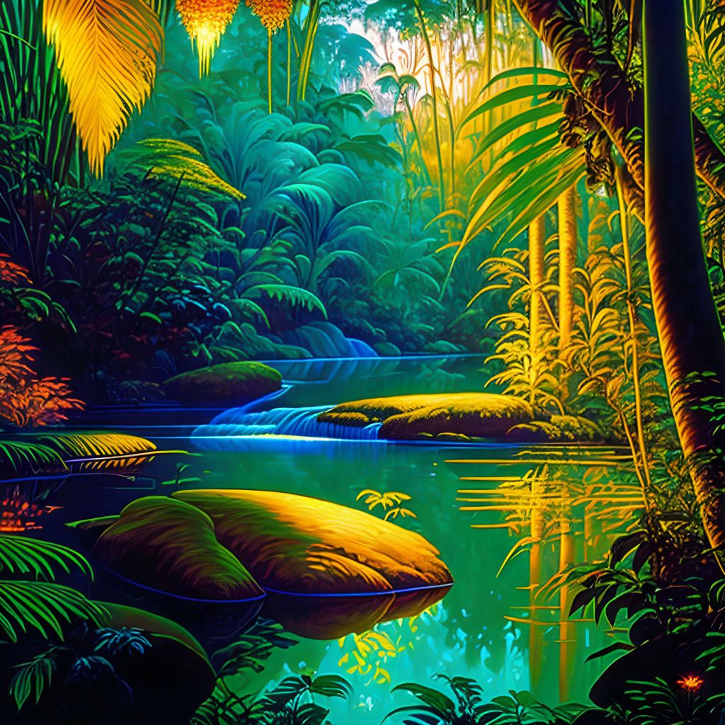 Lush jungle digital art: tranquil stream, sunlight through foliage