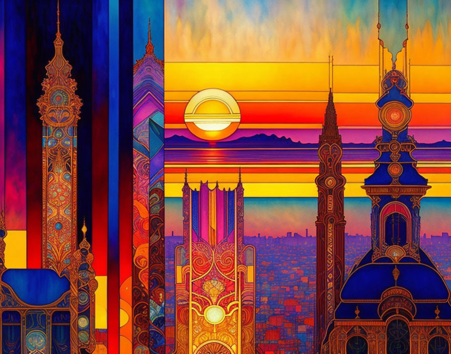 Colorful cityscape with vibrant skies and unique architectural elements