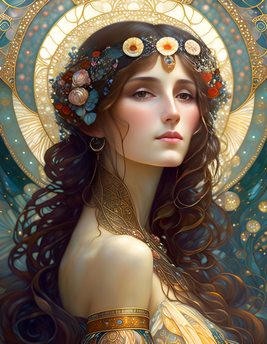 Illustrated woman with floral halo in Art Nouveau style