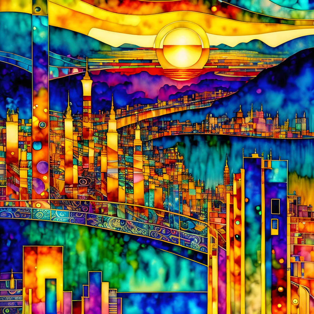 Colorful Abstract Artwork of Sun, Buildings, and Bridge in Vibrant Landscape