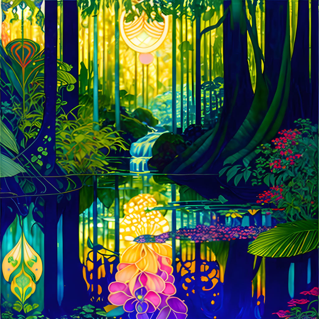 Colorful Forest Scene with Stream and Hanging Lanterns