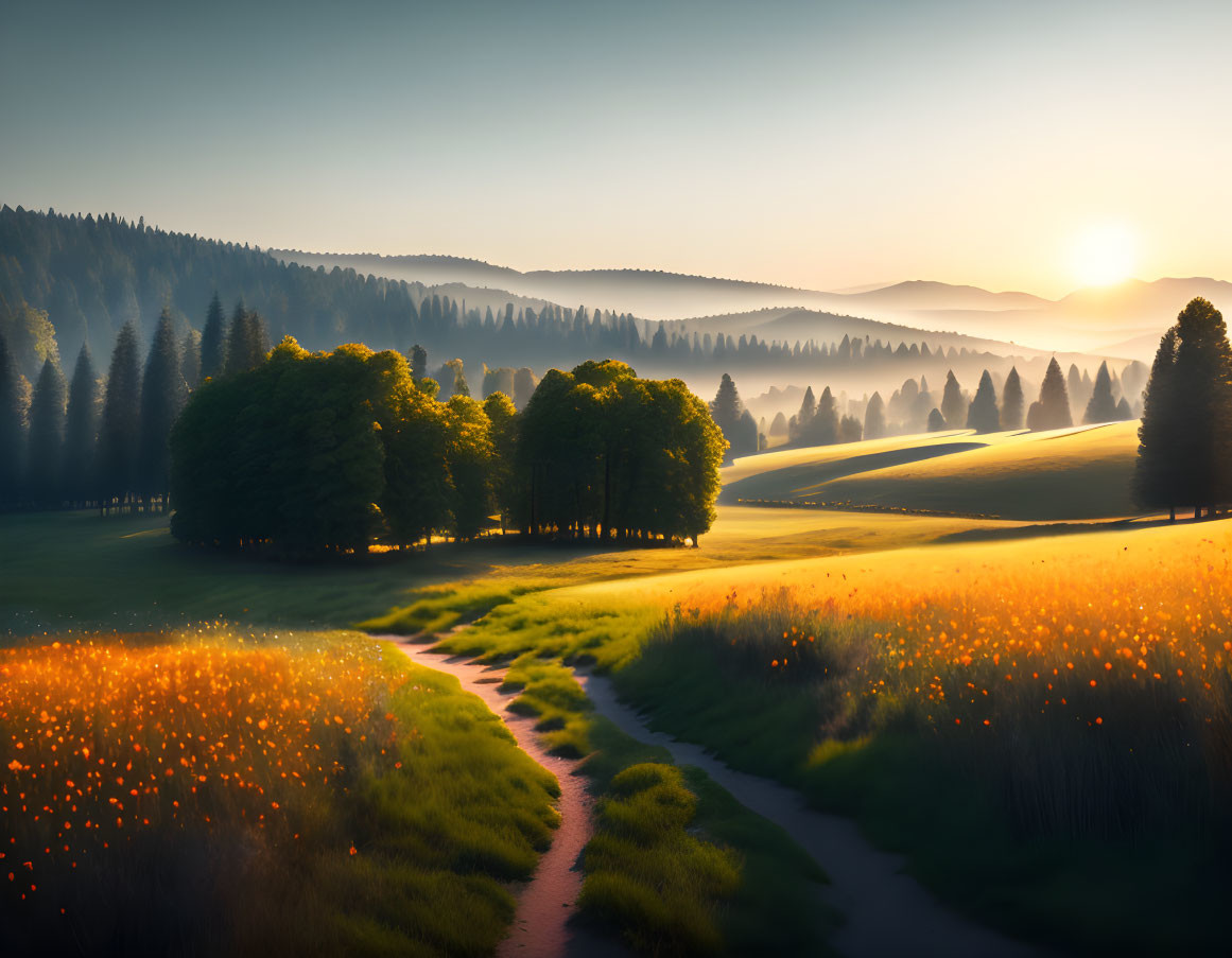 Serene sunrise over lush landscape with winding path through fields, trees, and hills