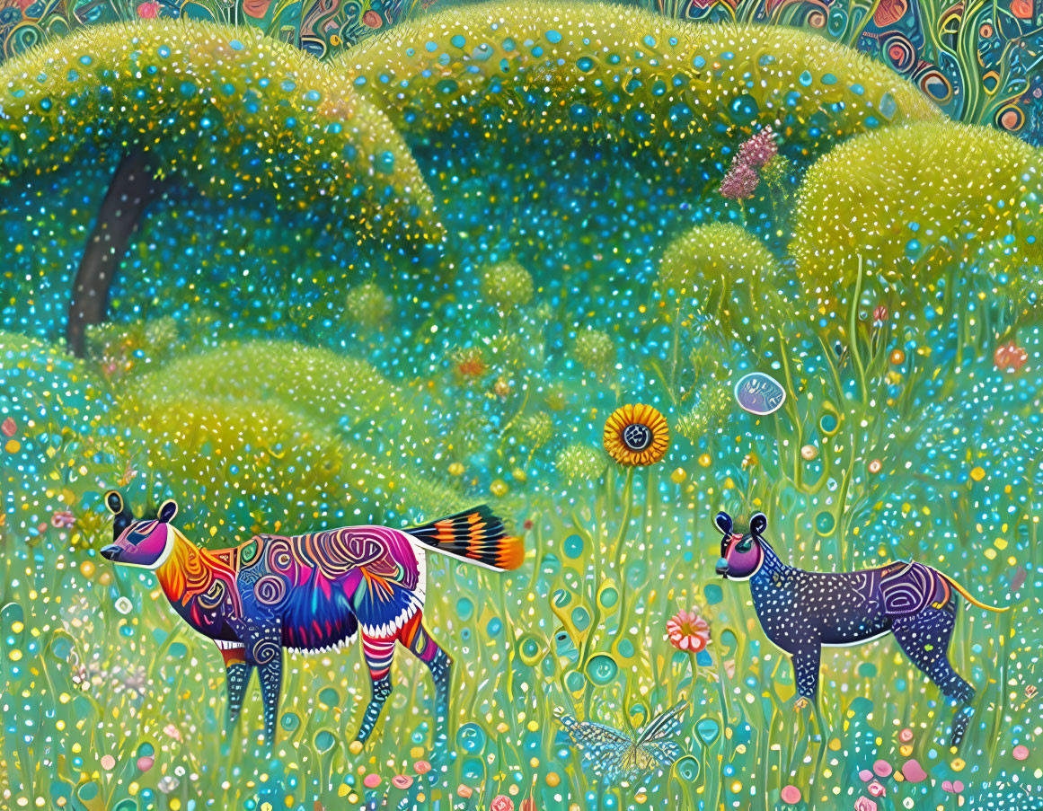 Whimsical forest illustration with fox and deer in colorful design