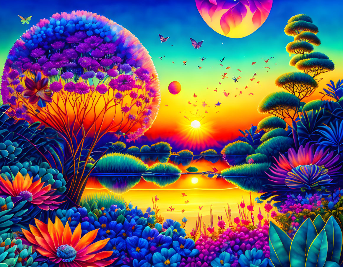 Vibrant fantasy landscape with fluorescent plants, sunset, butterflies, and surreal sky