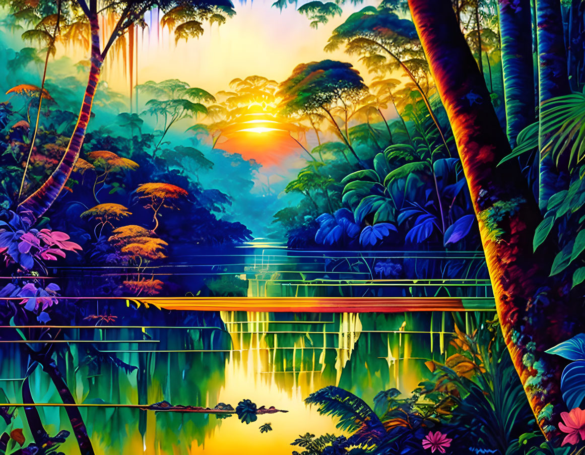 Illustrated tropical forest sunset scene with lush greenery and colorful flowers.