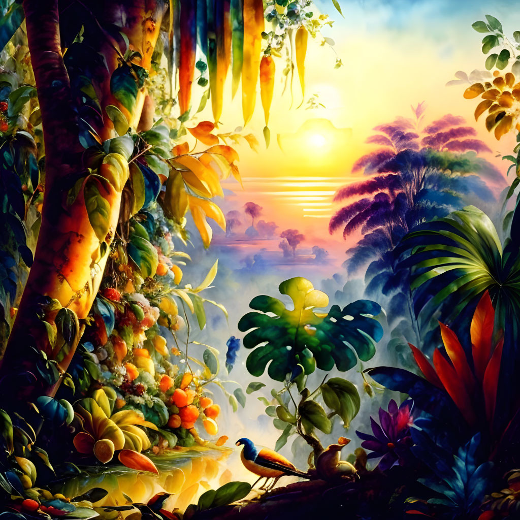 Colorful Jungle Scene at Sunrise with Lush Foliage and Blue Bird