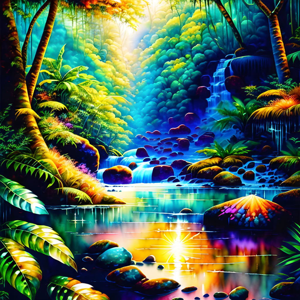 Lush Tropical Forest with Waterfall and Serene River