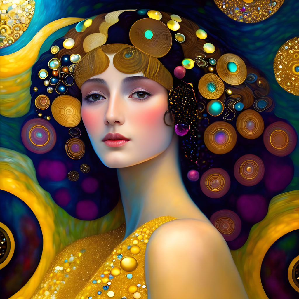 Colorful Abstract Portrait of Woman in Golden Dress