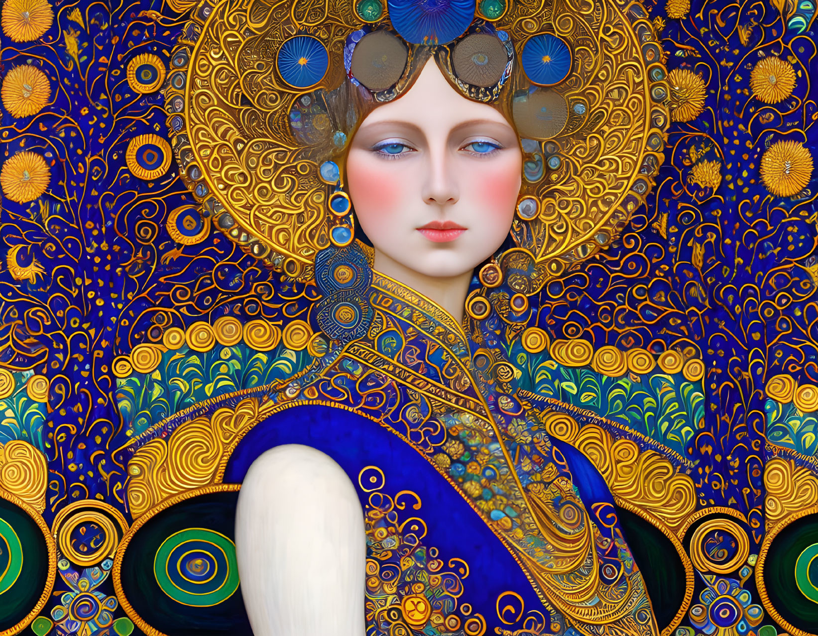 Vibrant illustration of a woman in peacock-themed attire