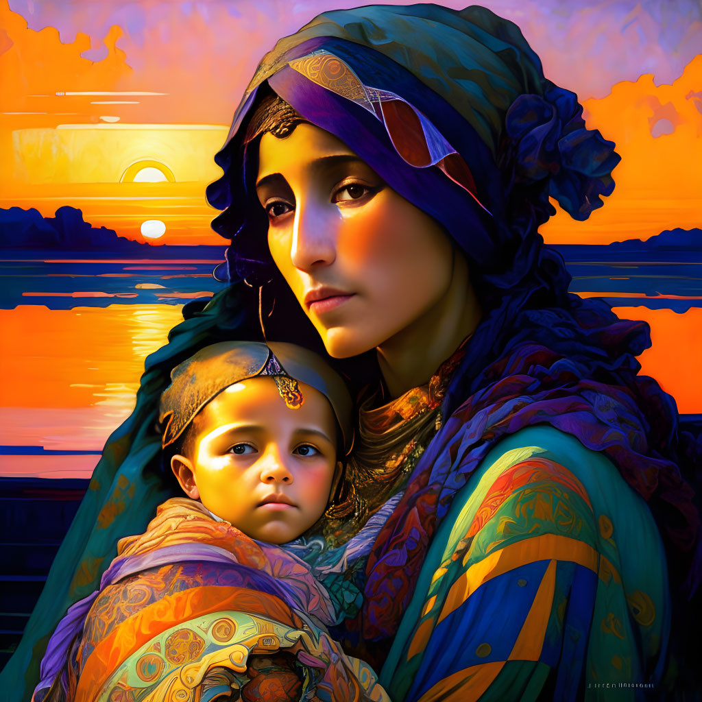 Woman with child in colorful headscarf at sunset by water