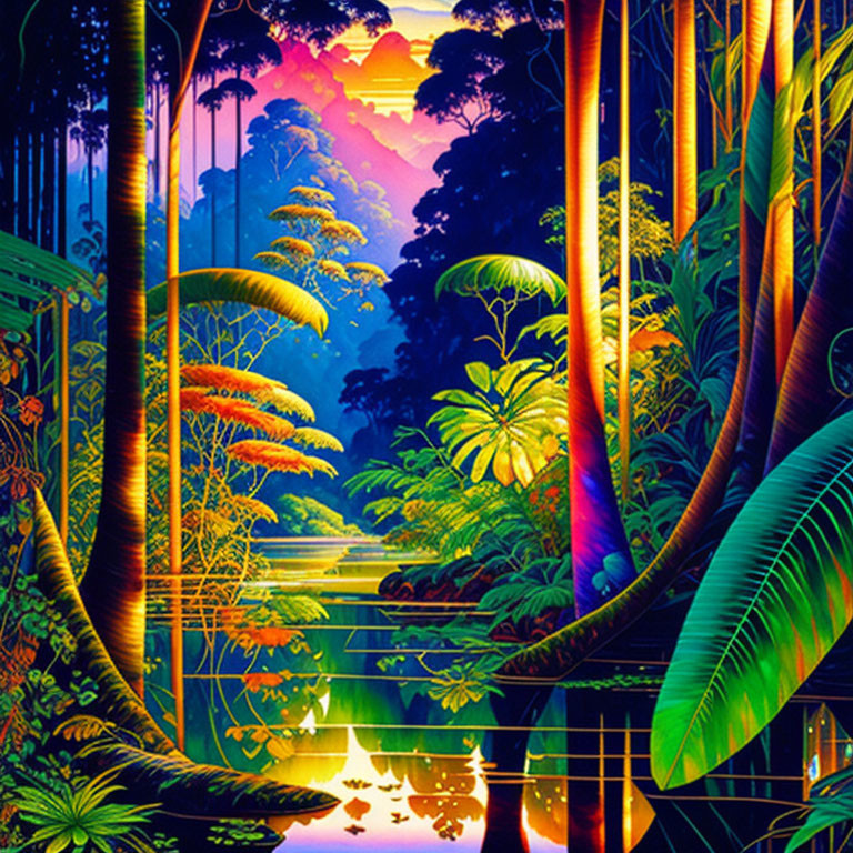 Vivid Tropical Jungle Illustration with Sunset River Reflection