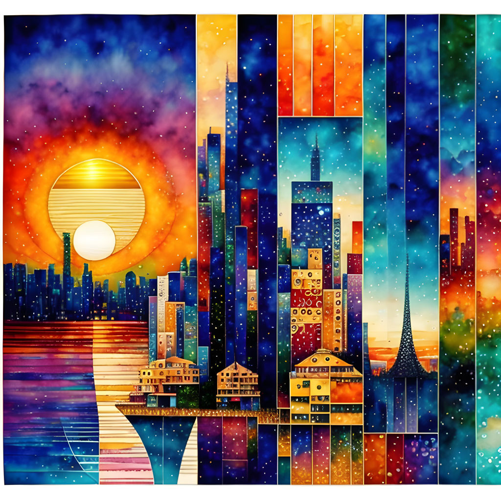 Colorful Cityscape Mosaic with Cosmic Sky and Sun