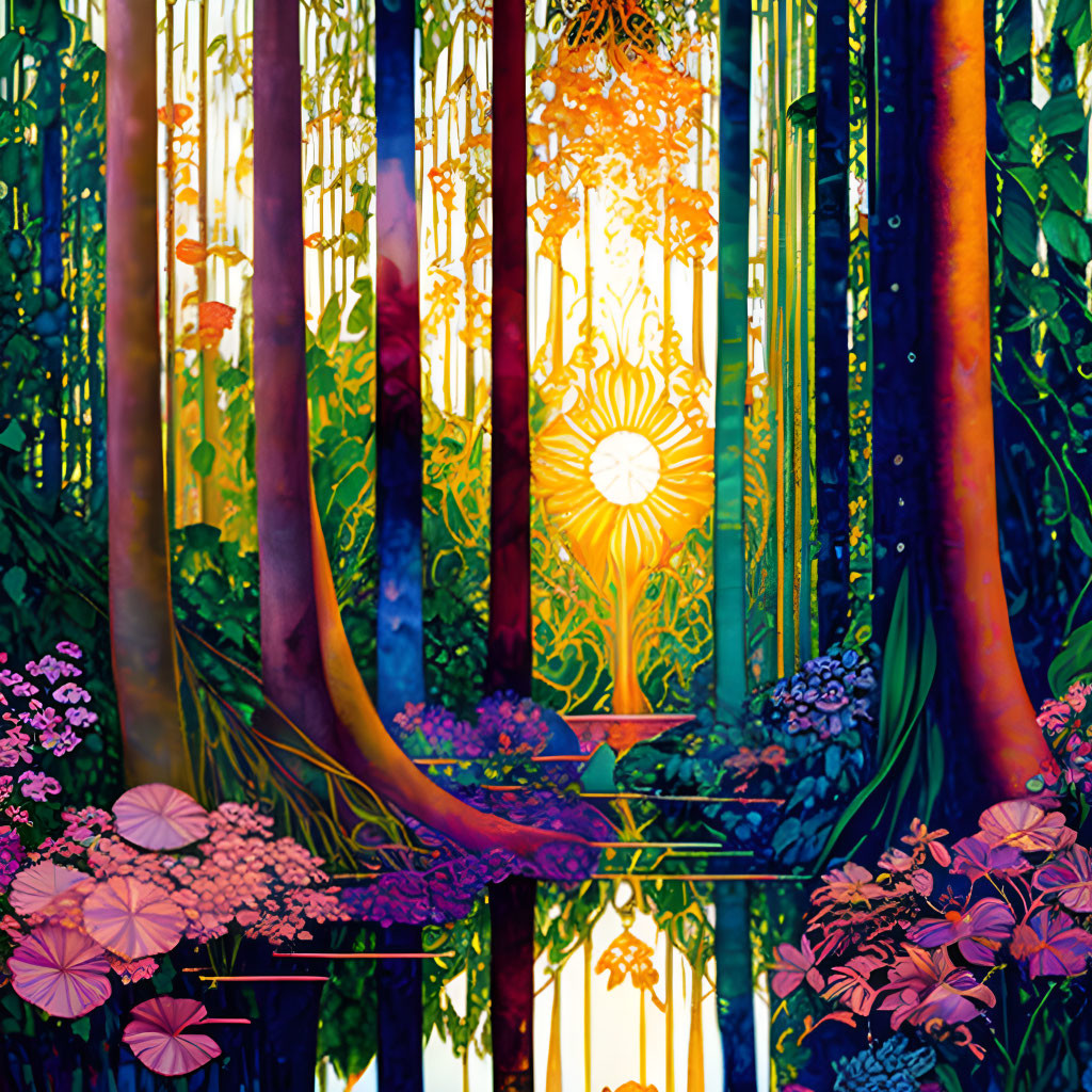 Stylized forest with pink flowers and luminous sun design