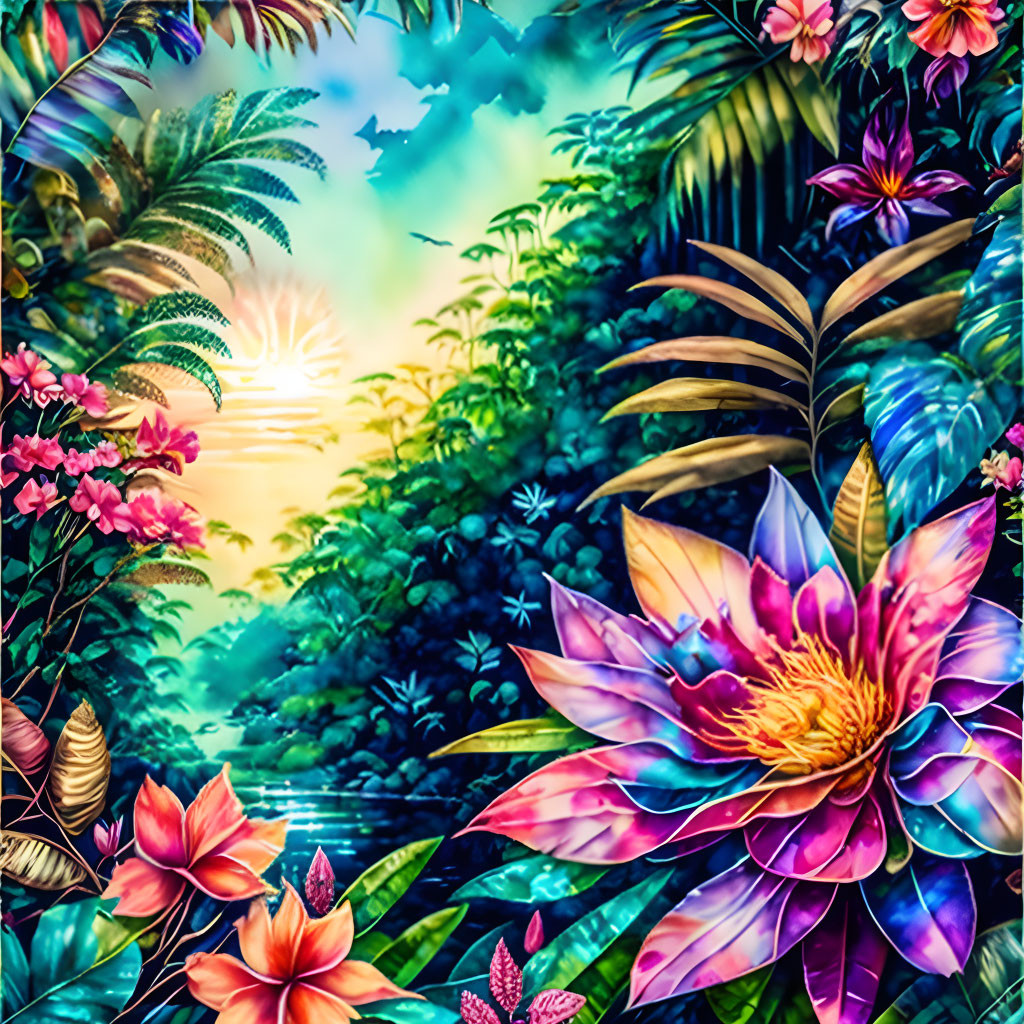 Tropical scene with exotic flowers, lush greenery, serene river, glowing sunset