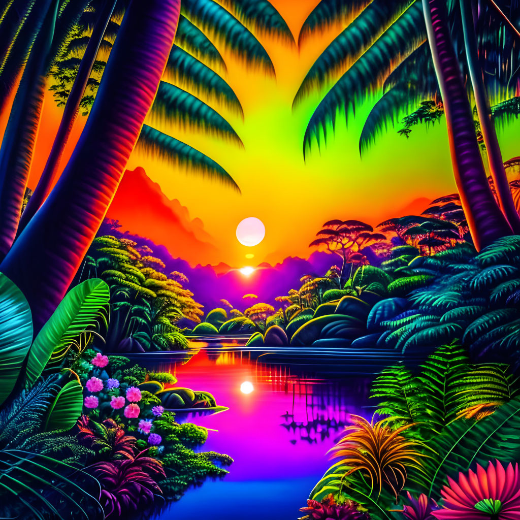 Tropical landscape with sunset reflection, silhouetted palms, lush foliage, colorful sky.