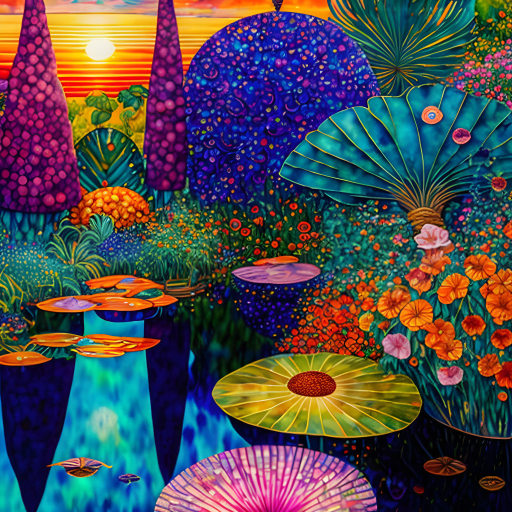 Colorful fantasy landscape with sunset, whimsical trees, water lilies, and diverse plants.