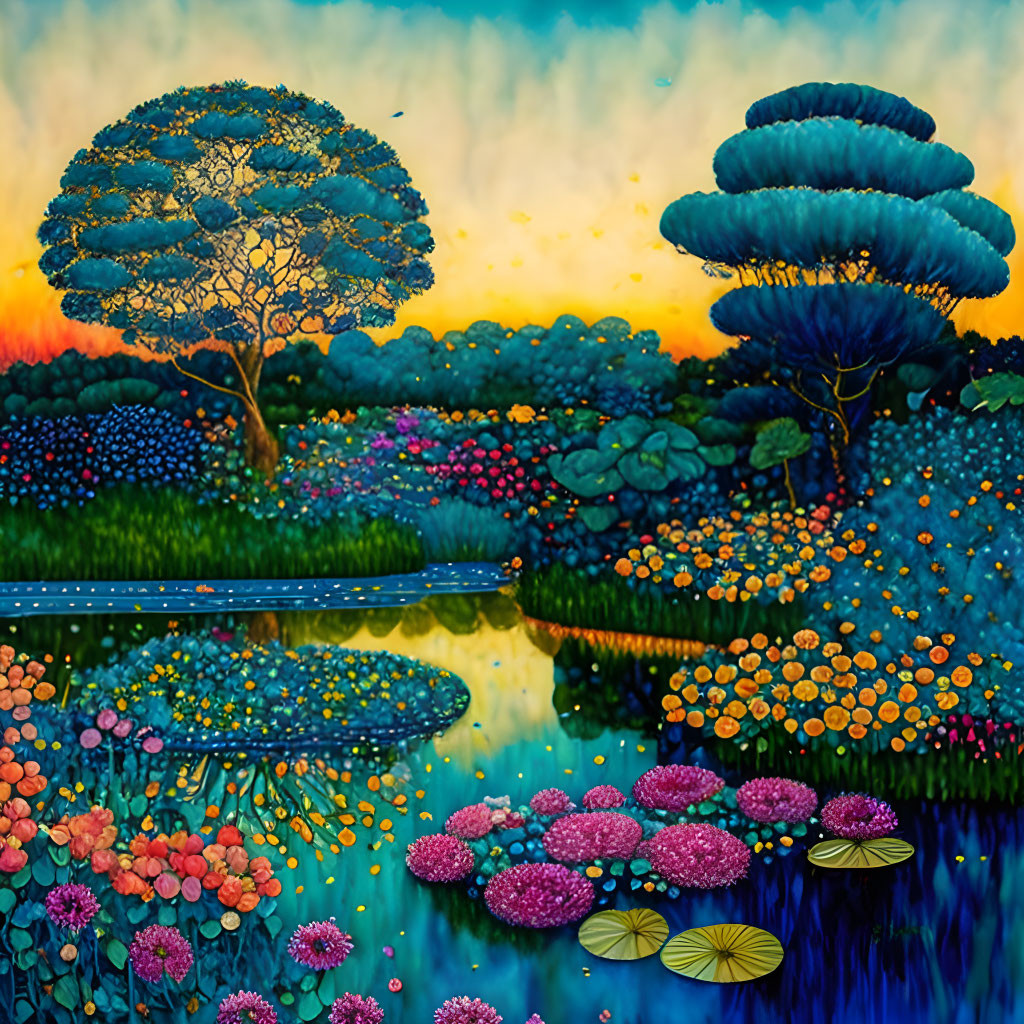 Colorful painting of whimsical trees, flowers, and sunset reflection