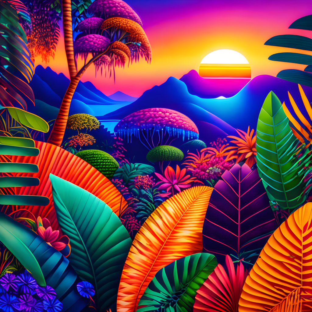 Colorful tropical landscape with vivid sunset and lush foliage