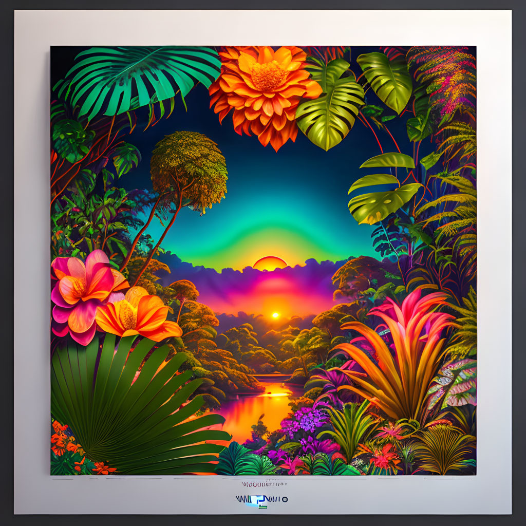 Vibrant tropical sunset digital artwork with lush foliage and blooming flowers framed on wall