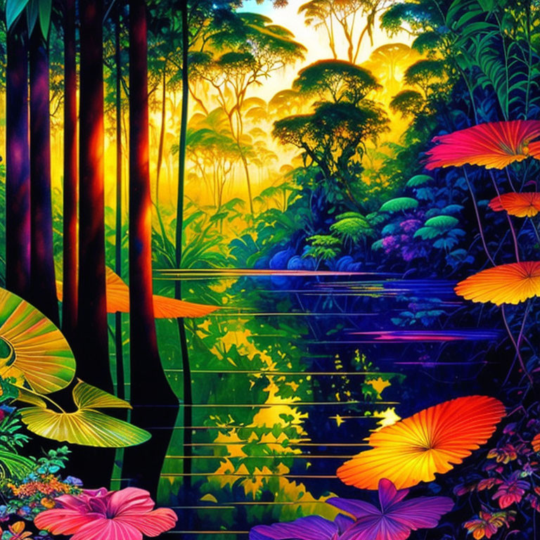 Colorful jungle digital artwork with sunbeams and butterflies