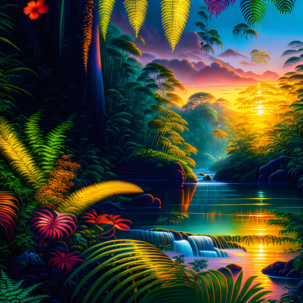 Tropical sunset landscape with lush greenery, waterfall, and reflections