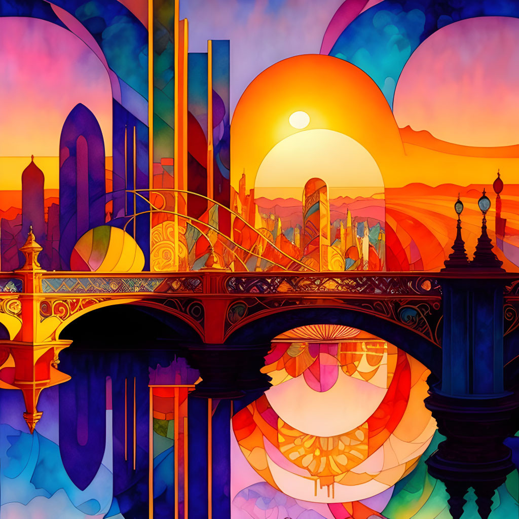 Colorful fantasy landscape with setting sun, intricate bridge, whimsical buildings, and water reflection.