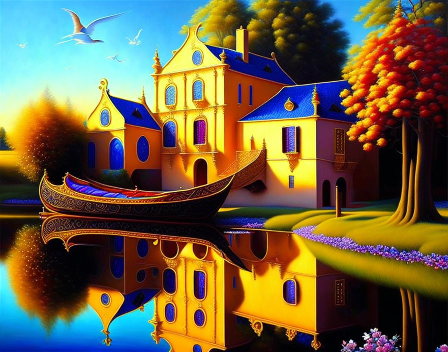 Colorful surreal artwork of a yellow fantasy mansion by a serene lake