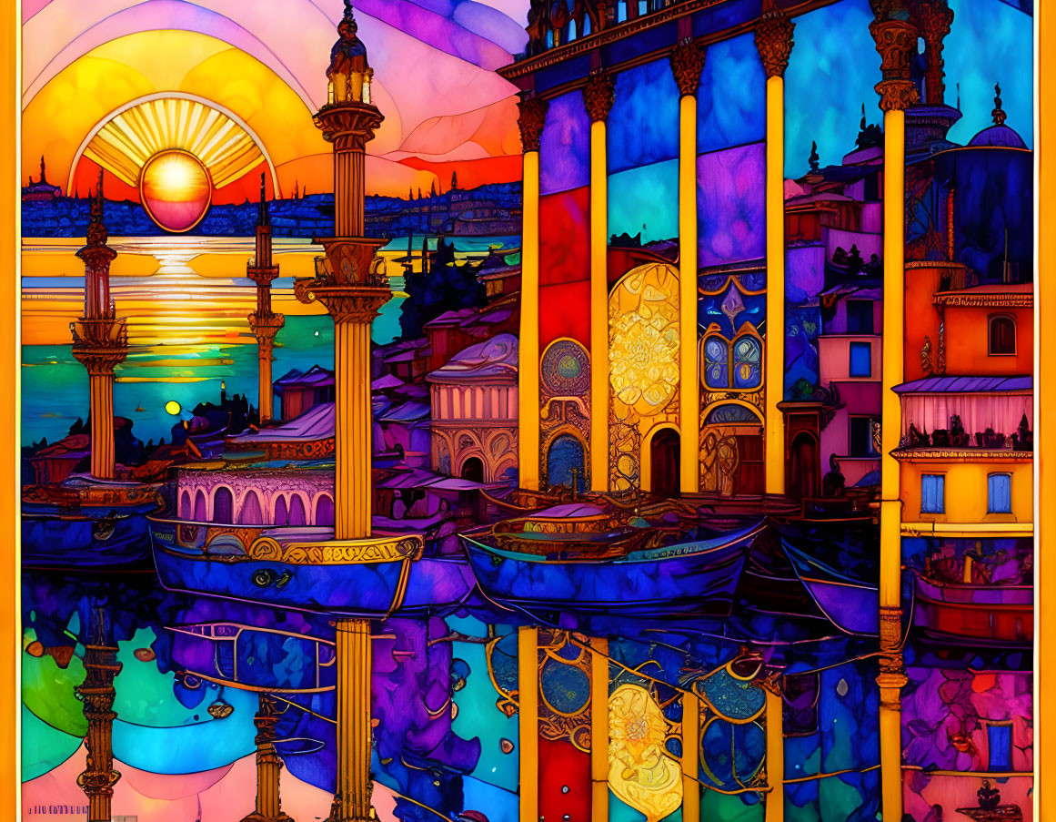 Fantasy cityscape illustration with colorful buildings and boat at sunset