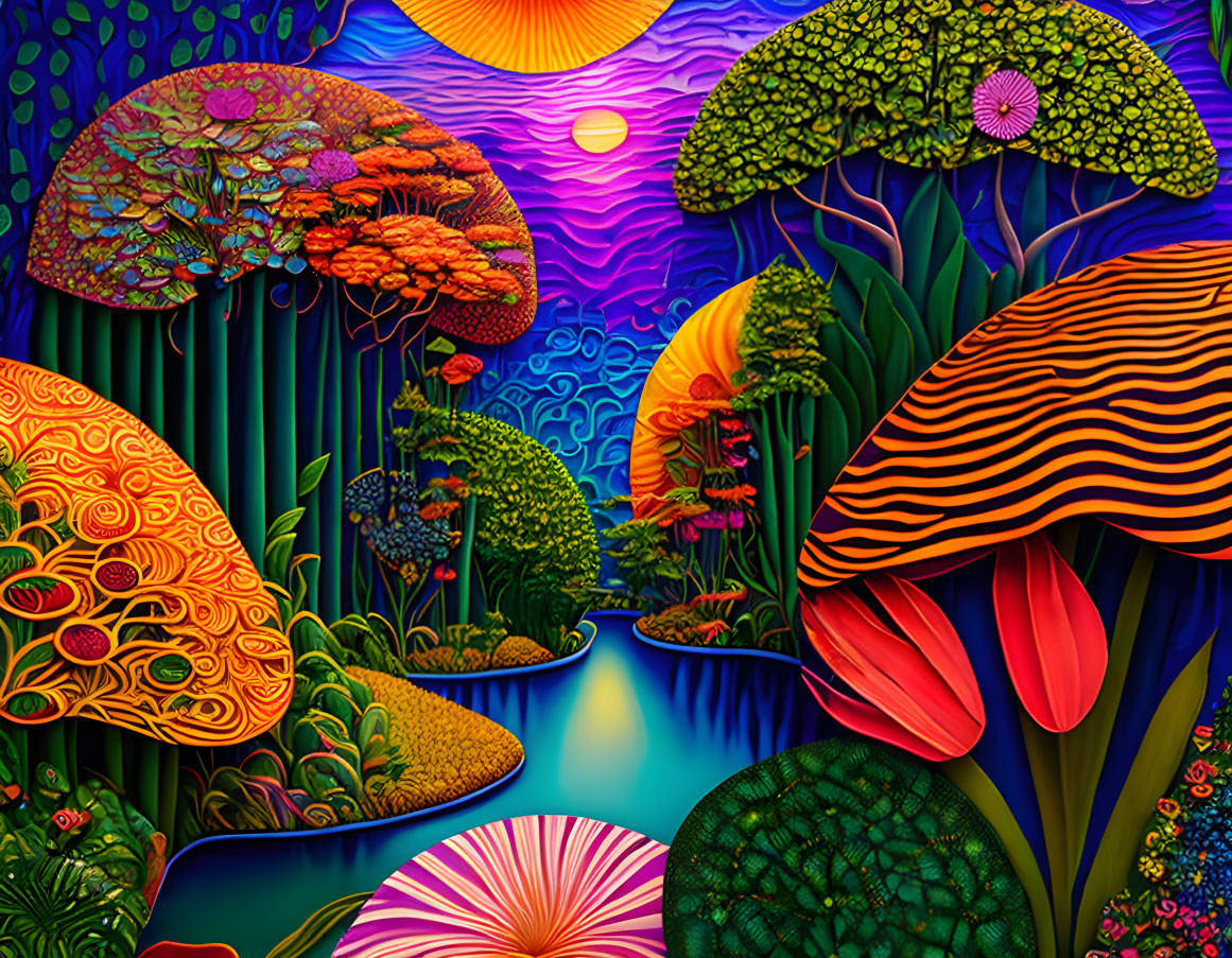 Colorful psychedelic landscape with mushroom trees, river, and sun in purple sky