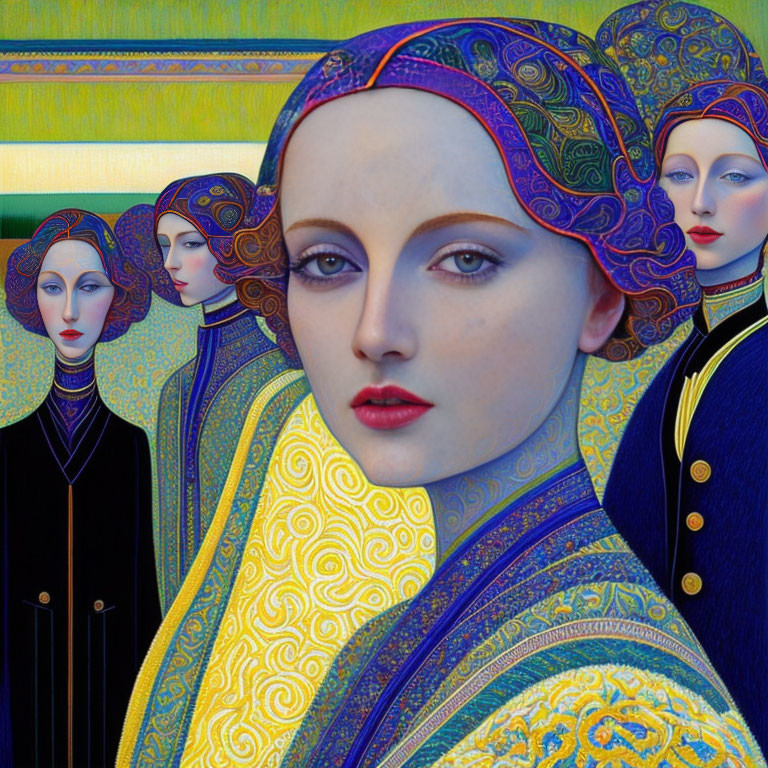 Vibrant image of woman with red lips and headscarf, surrounded by stylized figures on