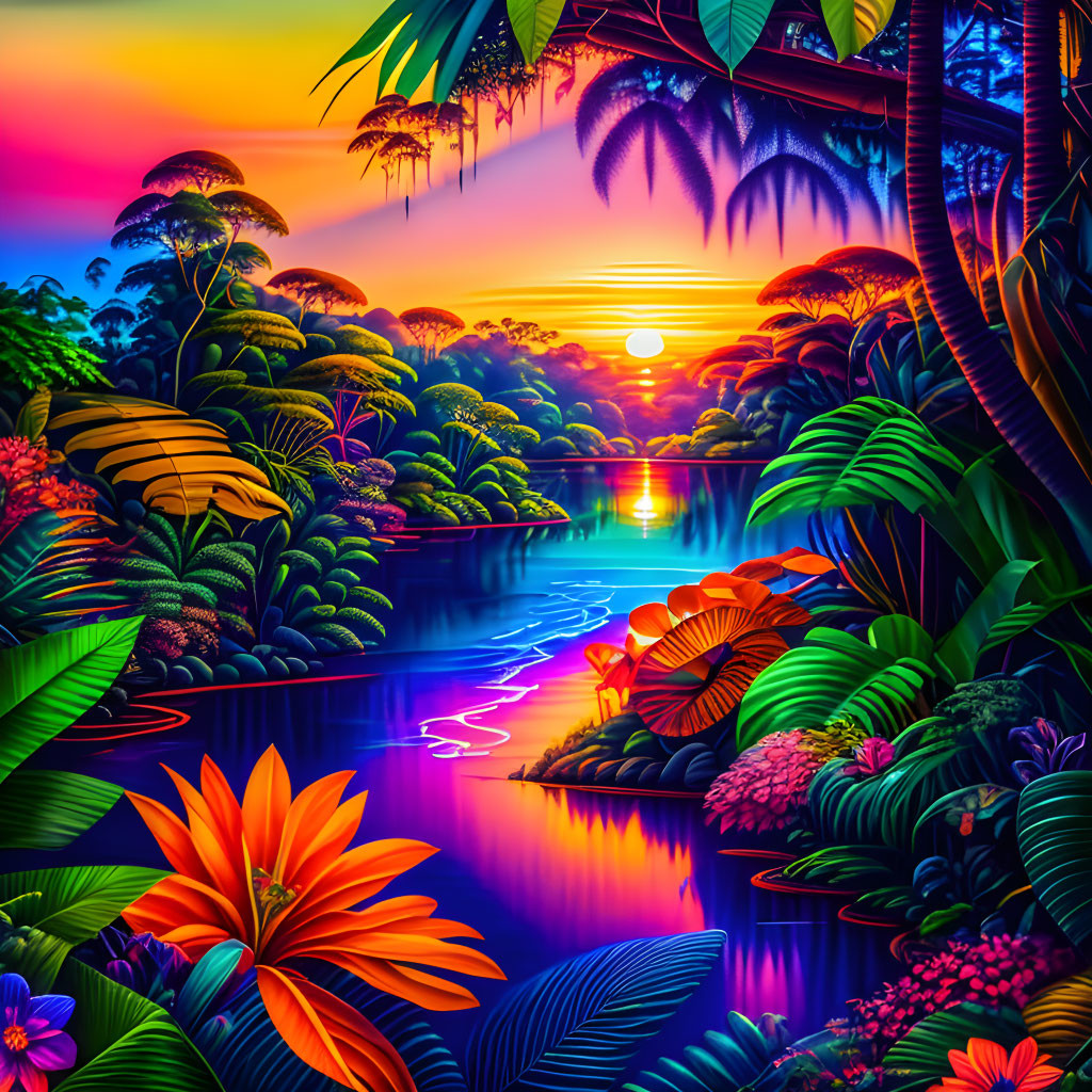 Digital artwork of tropical paradise with lush foliage, radiant flowers, and serene river at sunset