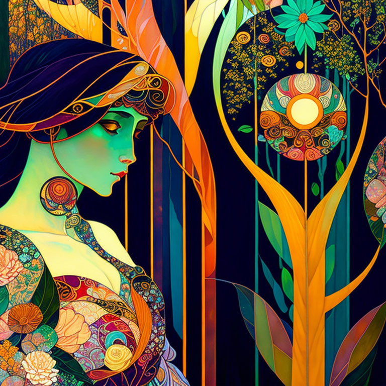 Woman with floral patterns and moon in vibrant Art Nouveau style