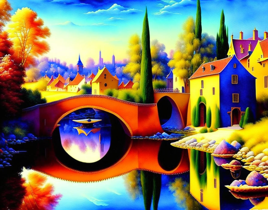 Colorful Village Painting with Bridge, Trees, and Reflection