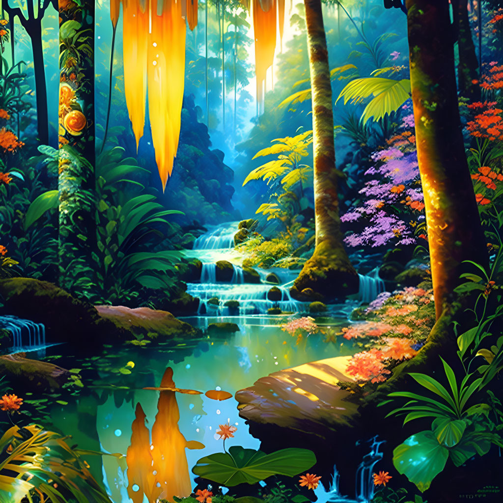 Illustration of vibrant enchanted forest with waterfalls and pond