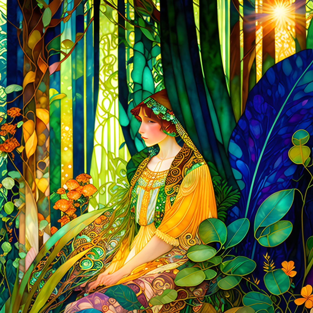 Colorful Forest Woman Illustration with Intricate Patterns